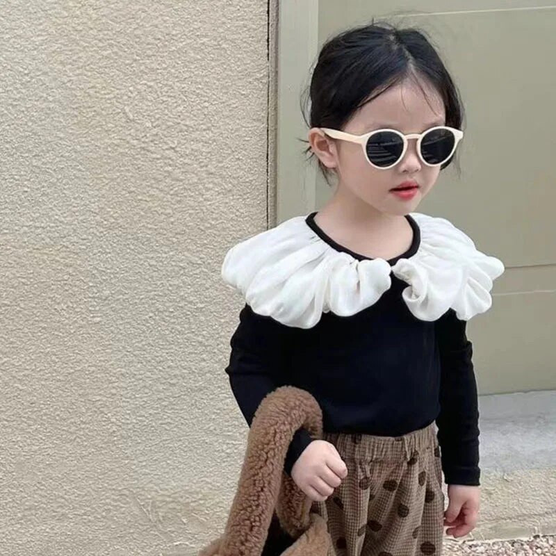 Sügisene uus tüdrukute pikkade varrukatega T-särk Moodne armas mitmekülgne ülaosa, suur polokrae, beebi laste ühevärviline alussärk