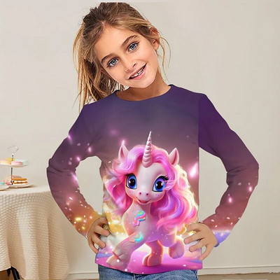 Jauns rozā vienradža T-krekls, kas piemērots meitenēm vecumā no 4 līdz 12 gadiem, 3D apdruka ar apaļu kakla izgriezumu ar garām piedurknēm, āra ikdienas ielas apģērbs