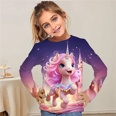 Jauns rozā vienradža T-krekls, kas piemērots meitenēm vecumā no 4 līdz 12 gadiem, 3D apdruka ar apaļu kakla izgriezumu ar garām piedurknēm, āra ikdienas ielas apģērbs