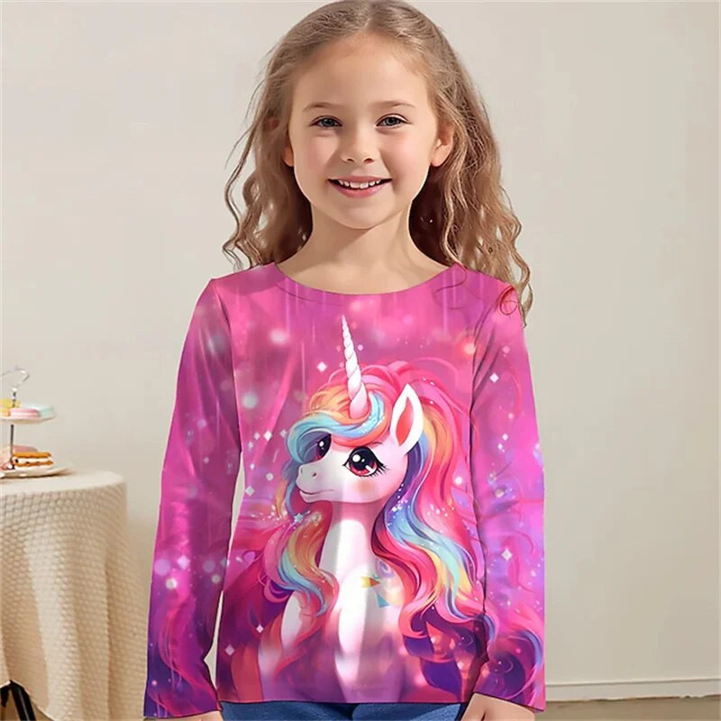 Jauns rozā vienradža T-krekls, kas piemērots meitenēm vecumā no 4 līdz 12 gadiem, 3D apdruka ar apaļu kakla izgriezumu ar garām piedurknēm, āra ikdienas ielas apģērbs