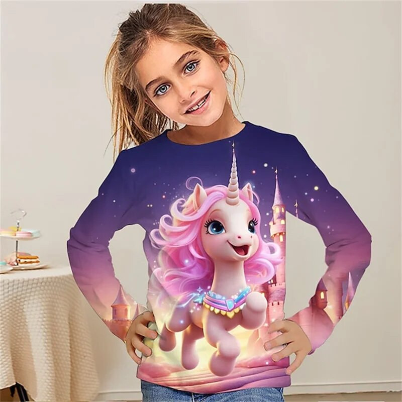 Jauns rozā vienradža T-krekls, kas piemērots meitenēm vecumā no 4 līdz 12 gadiem, 3D apdruka ar apaļu kakla izgriezumu ar garām piedurknēm, āra ikdienas ielas apģērbs