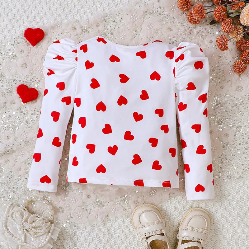 Jaunumi Pavasara bērniem ar garām piedurknēm O kakla volāni apdruka Sirds Balta Jauka Meiteņu Bērnu T-krekls Bērnu Topi Apģērbi 18M-7T