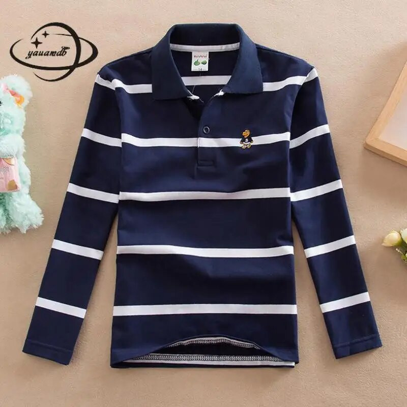 Yauamdb Laste polosärgid Kevad-Sügis 4-15a Poisid Tüdrukud Topid T-püksid Pikad varrukad Triibuline Allakäidav krae Lasteriided Ly26