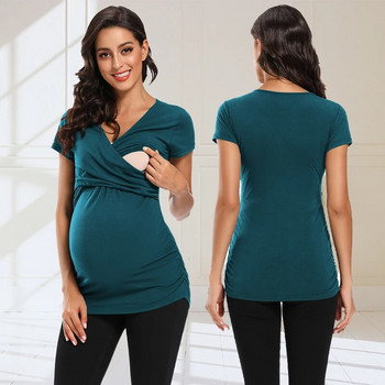 Дамско облекло за бременни Облекло за кърмене Дрехи за бременни с къс ръкав Плисирана тениска за бременни отстрани