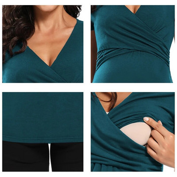 Дамско облекло за бременни Облекло за кърмене Дрехи за бременни с къс ръкав Плисирана тениска за бременни отстрани