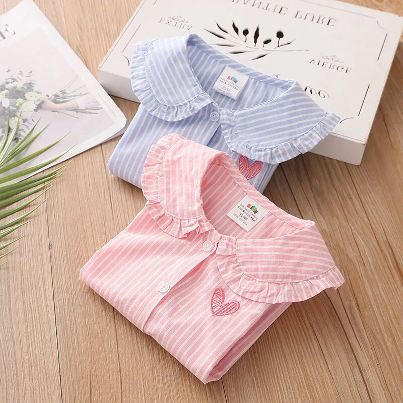 2024. aasta kevadsügis 2 3 4 5 6 8 10 aastane laste pikkade trompetivarrukatega triibuline nukukrae, puuvillane laste pluusisärk tüdrukutele