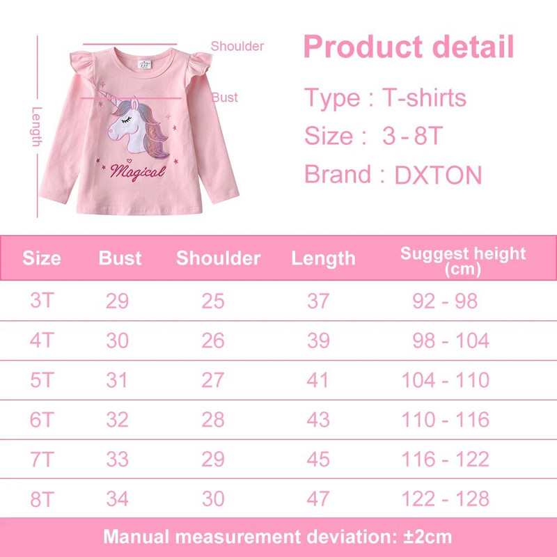 DXTON Baby Girls marškinėliai Rudeniniai Vaikiški Viršutiniai Mergaitėms Ilgomis rankovėmis Marškinėliai Vienaragiai Marškinėliai Raidžių aplikacijos Vaikiški Drabužiai 3-8Y