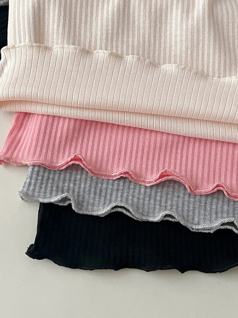 Rudens meitene Baby Pit Svītrains ar garām piedurknēm apakšā krekls bērniem Rievots volāns plāns T-krekls Bērnu kokvilna cieta plānas ikdienas T-krekli