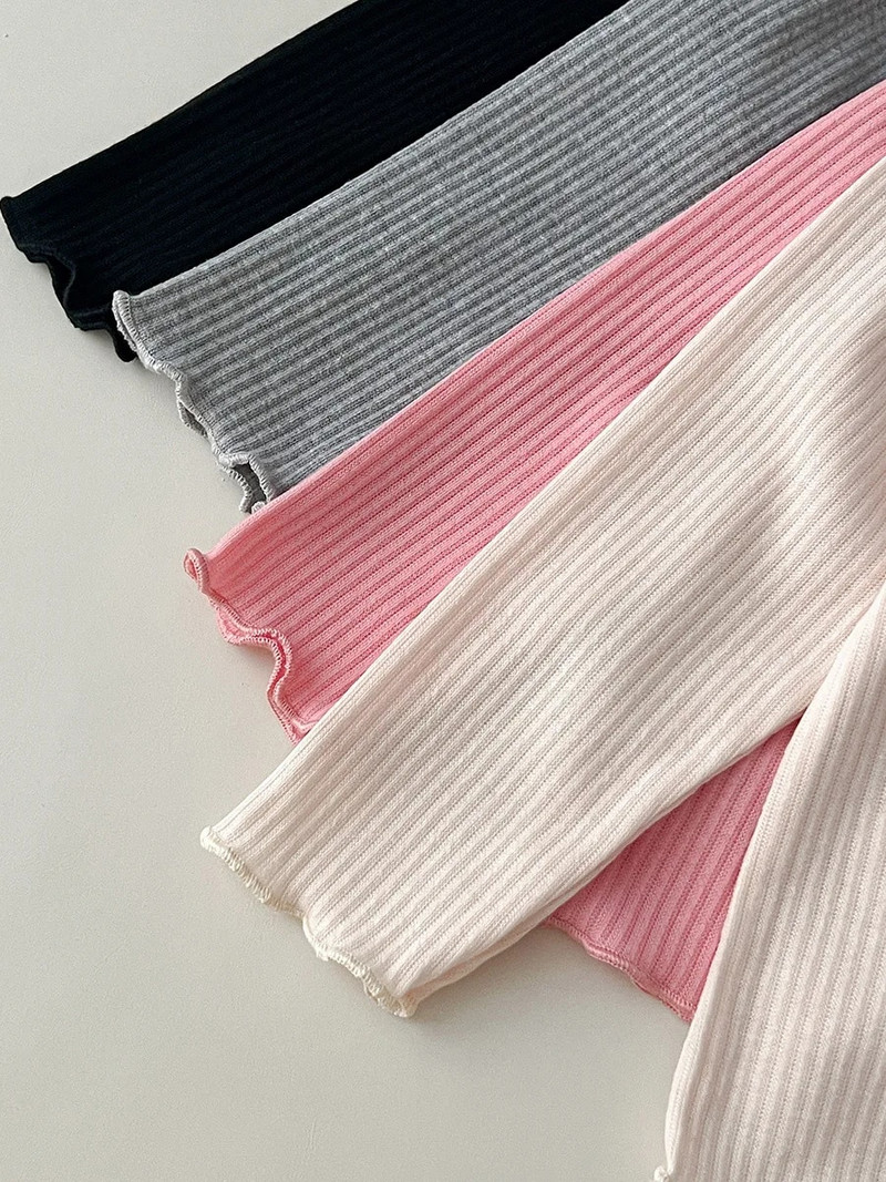 Rudens meitene Baby Pit Svītrains ar garām piedurknēm apakšā krekls bērniem Rievots volāns plāns T-krekls Bērnu kokvilna cieta plānas ikdienas T-krekli