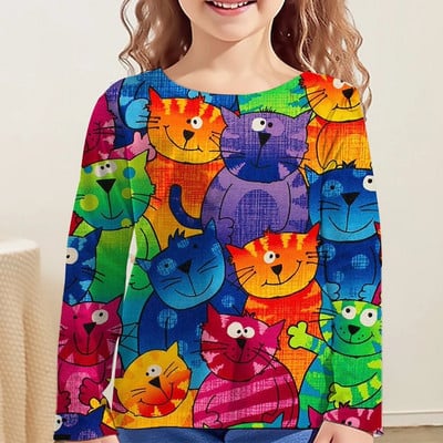 Детско облекло за момичета Тениски с анимационни филми за деца 2023 Есенни тийнейджъри с дълги ръкави 10-годишни модни горнища Котешка тениска