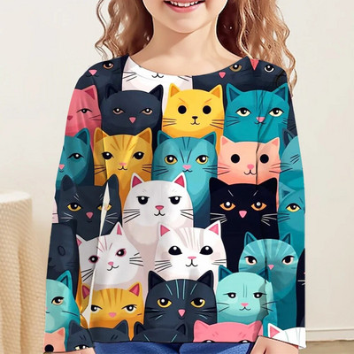 Lasteriided Tüdrukutele Multifilmi T-särgid Lastele 2023. aasta sügise pikkade varrukatega teismelistele 10-aastased moetopsid Kassi T-särk