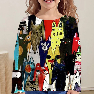 Lasteriided Tüdrukutele Multifilmi T-särgid Lastele 2023. aasta sügise pikkade varrukatega teismelistele 10-aastased moetopsid Kassi T-särk