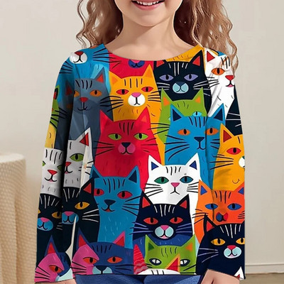 Lasteriided Tüdrukutele Multifilmi T-särgid Lastele 2023. aasta sügise pikkade varrukatega teismelistele 10-aastased moetopsid Kassi T-särk