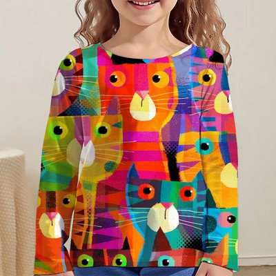 Lasteriided Tüdrukutele Multifilmi T-särgid Lastele 2023. aasta sügise pikkade varrukatega teismelistele 10-aastased moetopsid Kassi T-särk