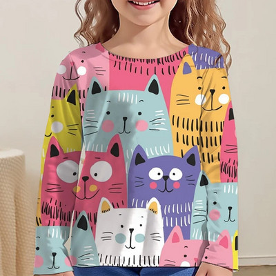 Lasteriided Tüdrukutele Multifilmi T-särgid Lastele 2023. aasta sügise pikkade varrukatega teismelistele 10-aastased moetopsid Kassi T-särk