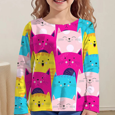 Lasteriided Tüdrukutele Multifilmi T-särgid Lastele 2023. aasta sügise pikkade varrukatega teismelistele 10-aastased moetopsid Kassi T-särk