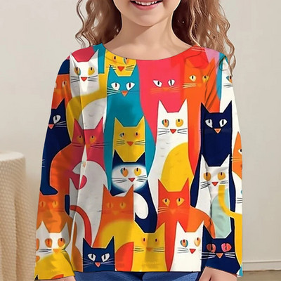 Lasteriided Tüdrukutele Multifilmi T-särgid Lastele 2023. aasta sügise pikkade varrukatega teismelistele 10-aastased moetopsid Kassi T-särk