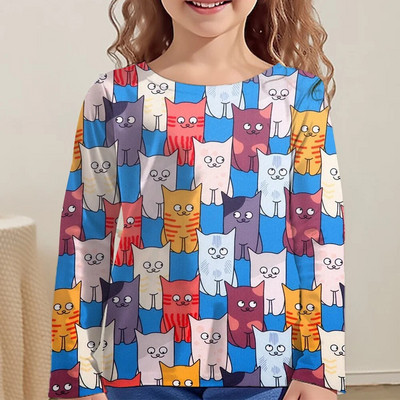 Lasteriided Tüdrukutele Multifilmi T-särgid Lastele 2023. aasta sügise pikkade varrukatega teismelistele 10-aastased moetopsid Kassi T-särk