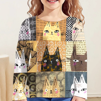 Lasteriided Tüdrukutele Multifilmi T-särgid Lastele 2023. aasta sügise pikkade varrukatega teismelistele 10-aastased moetopsid Kassi T-särk