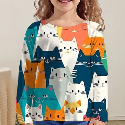 Lasteriided Tüdrukutele Multifilmi T-särgid Lastele 2023. aasta sügise pikkade varrukatega teismelistele 10-aastased moetopsid Kassi T-särk