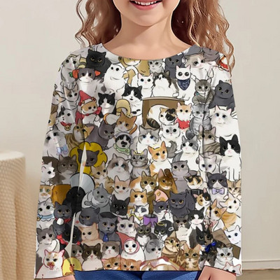 Lasteriided Tüdrukutele Multifilmi T-särgid Lastele 2023. aasta sügise pikkade varrukatega teismelistele 10-aastased moetopsid Kassi T-särk