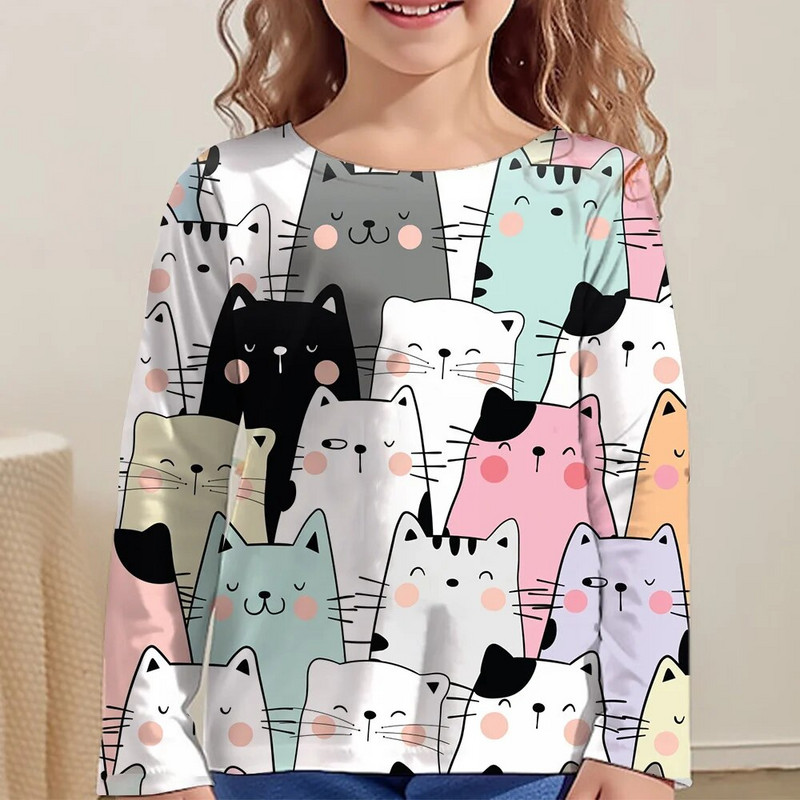 Lasteriided Tüdrukutele Multifilmi T-särgid Lastele 2023. aasta sügise pikkade varrukatega teismelistele 10-aastased moetopsid Kassi T-särk