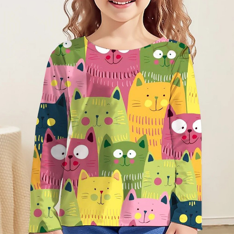 Lasteriided Tüdrukutele Multifilmi T-särgid Lastele 2023. aasta sügise pikkade varrukatega teismelistele 10-aastased moetopsid Kassi T-särk