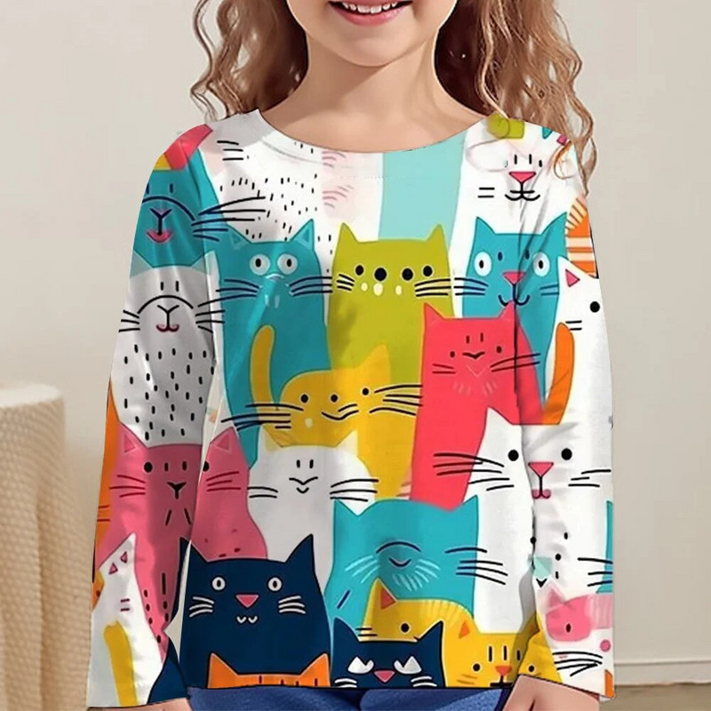 Lasteriided Tüdrukutele Multifilmi T-särgid Lastele 2023. aasta sügise pikkade varrukatega teismelistele 10-aastased moetopsid Kassi T-särk