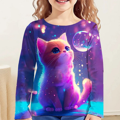 Dječja odjeća za djevojčice Majica dugih rukava Djeca od 9 do 12 godina Jesenska poliesterska majica sa slatkim crtanim mačkama i životinjskim uzorkom