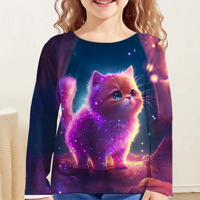 Dječja odjeća za djevojčice Majica dugih rukava Djeca od 9 do 12 godina Jesenska poliesterska majica sa slatkim crtanim mačkama i životinjskim uzorkom