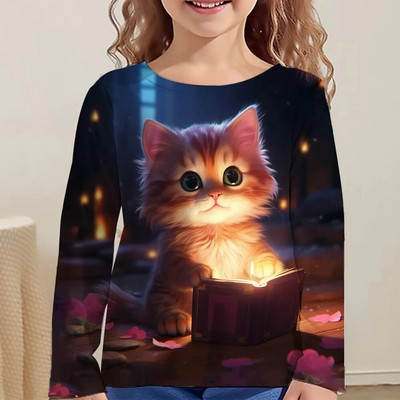 Dječja odjeća za djevojčice Majica dugih rukava Djeca od 9 do 12 godina Jesenska poliesterska majica sa slatkim crtanim mačkama i životinjskim uzorkom