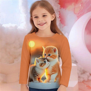 Детски есенни дрехи от 8 до 10 години Kawaii Cat 3d Patterns Тениски с щампи за момичета с дълъг ръкав, тийнейджъри, детски тениски