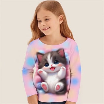 Детски есенни дрехи от 8 до 10 години Kawaii Cat 3d Patterns Тениски с щампи за момичета с дълъг ръкав, тийнейджъри, детски тениски