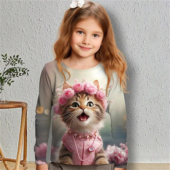 Детски есенни дрехи от 8 до 10 години Kawaii Cat 3d Patterns Тениски с щампи за момичета с дълъг ръкав, тийнейджъри, детски тениски