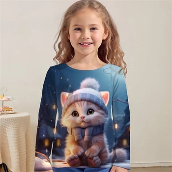 Детски есенни дрехи от 8 до 10 години Kawaii Cat 3d Patterns Тениски с щампи за момичета с дълъг ръкав, тийнейджъри, детски тениски