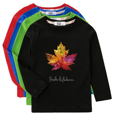 Есенни тениски с кленови листа, детски ризи с дълъг ръкав, модни топове с принт за момчета, пролетни памучни дрехи за момичета 3-14T