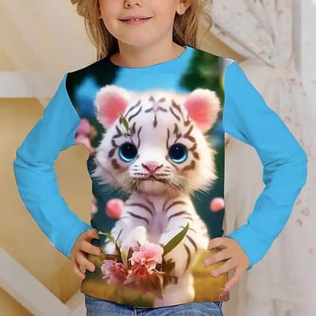 Kawaii Тениска с пълни ръкави за момичета Тигрова котка Сладки тениски Детски дрехи Есен 2023 Детски топ с дълги ръкави Външно облекло