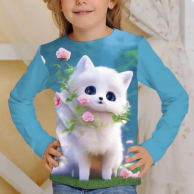 Tricou Kawaii mâneci întregi pentru fete pisică tigru tricouri drăguțe haine pentru copii 2023 toamna copii top mâneci lungi îmbrăcăminte în aer liber