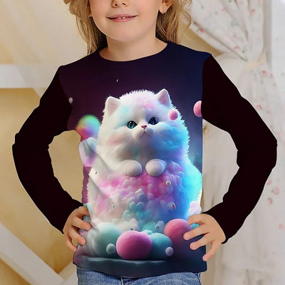 Tricou Kawaii mâneci întregi pentru fete pisică tigru tricouri drăguțe haine pentru copii 2023 toamna copii top mâneci lungi îmbrăcăminte în aer liber