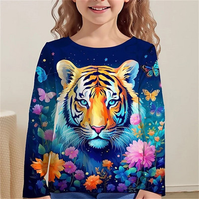 Tricou Kawaii mâneci întregi pentru fete pisică tigru tricouri drăguțe haine pentru copii 2023 toamna copii top mâneci lungi îmbrăcăminte în aer liber