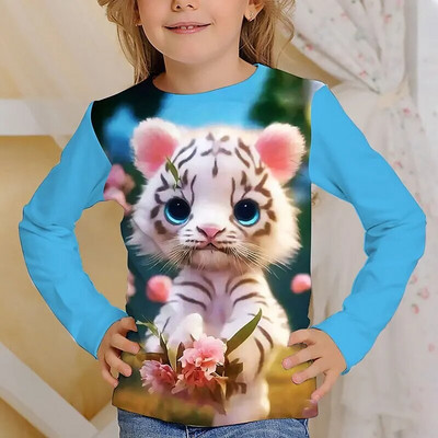 Tricou Kawaii mâneci întregi pentru fete pisică tigru tricouri drăguțe haine pentru copii 2023 toamna copii top mâneci lungi îmbrăcăminte în aer liber