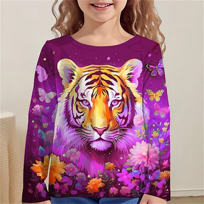 Tricou Kawaii mâneci întregi pentru fete pisică tigru tricouri drăguțe haine pentru copii 2023 toamna copii top mâneci lungi îmbrăcăminte în aer liber