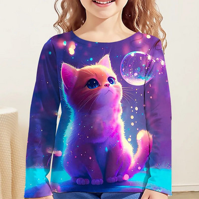 Vaikiški drabužiai mergaitėms nuo 10 iki 14 metų kačių marškinėliai ilgomis rankovėmis mergaitėms marškinėliai Vaikiški marškinėliai Spalvingi marškinėliai Korėjos ruduo