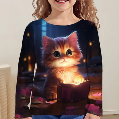 Vaikiški drabužiai mergaitėms nuo 10 iki 14 metų kačių marškinėliai ilgomis rankovėmis mergaitėms marškinėliai Vaikiški marškinėliai Spalvingi marškinėliai Korėjos ruduo
