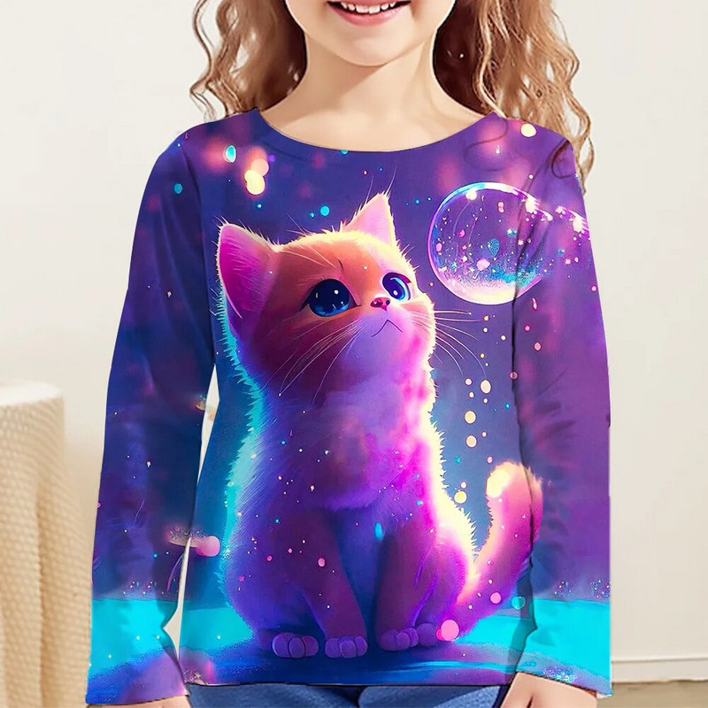 Vaikiški drabužiai mergaitėms nuo 10 iki 14 metų kačių marškinėliai ilgomis rankovėmis mergaitėms marškinėliai Vaikiški marškinėliai Spalvingi marškinėliai Korėjos ruduo