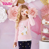VIKITA Tricou cu mânecă lungă pentru fată, toamnă, primăvară, cu decolteu O, pentru copii, iepure, cu paiete, aplicat, din bumbac, ocazional, topuri și tricouri, haine pentru copii