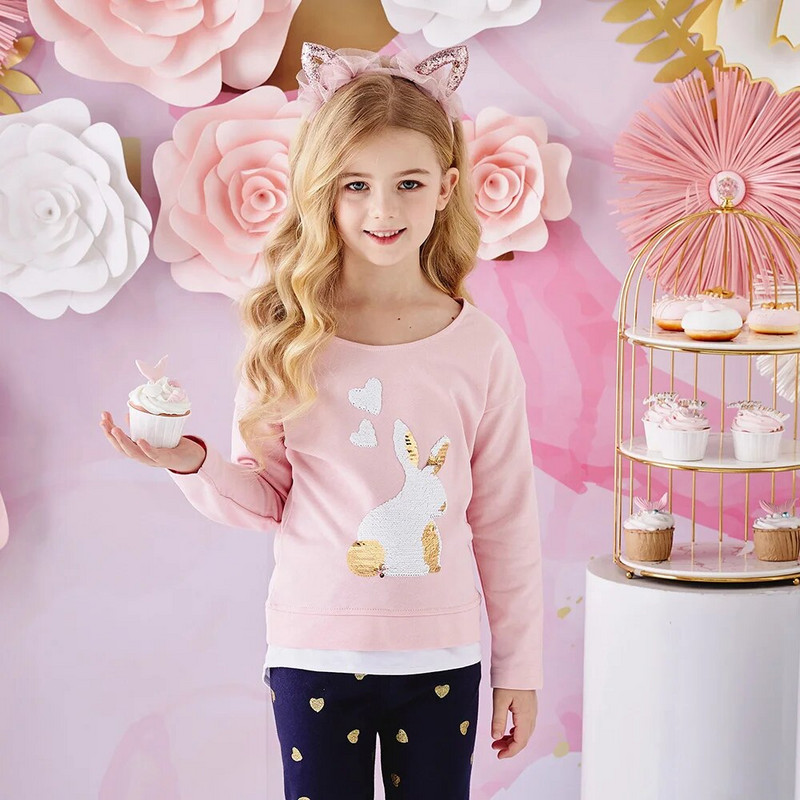 VIKITA Tüdrukute pikkade varrukatega Sügisene kevadine kaelusega T-särk Lastele Jänese litritega Applikatsiooniga puuvillased vabaaja topid ja särgid Lasteriided