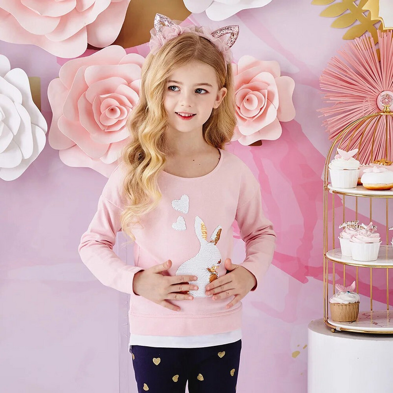 VIKITA Tüdrukute pikkade varrukatega Sügisene kevadine kaelusega T-särk Lastele Jänese litritega Applikatsiooniga puuvillased vabaaja topid ja särgid Lasteriided