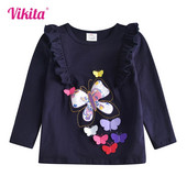 VIKITA Kids 3D Butterfly Appliqued Flare Sleeve Tshirts για κορίτσια Βαμβακερά Casual Princess T Παιδικά Μακρυμάνικα Navy Cute Tees