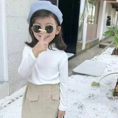 Rudeniniai mergaičių viršutiniai drabužiai Madingi grynos medvilnės marškinėliai su apatine apačia, vaikiška apykakle, ilgomis rankovėmis korėjietiškais marškinėliais vaikams